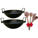 Pre-seasoned Cast Iron Kadai 10 inch + Pre-Seasoned Cast Iron Kadai 9 inch + FREE Wooden Ladles