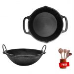 Pre-Seasoned Cast Iron Kadai 9.5 inch + Cast Iron Skillet 9 Inch + FREE Wooden Ladles