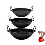 Pre-seasoned Cast Iron Kadai set 8.5 Inch + 9.5 Inch + 11 Inch  + FREE Wooden Ladles