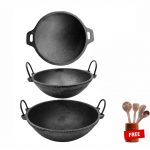 Cast Iron Cooleware Kadai 10Inch (2.250 Ltr) + Kadai 8 Inch (1 Ltr) + Appam Pan 9 Inch + FREE Wooden Ladles