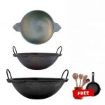 Cast Iron Coolware Kadai 10Inch (2.250 Ltr) + Kadai 8 Inch (1 Ltr) + Appam Pan 9 Inch + FREE Pre Seasoned Skillet 6inch + FREE Wooden Ladles