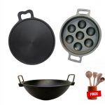 Pre-Seasoned Cast Iron Dosa Tawa + Cast Iron Smooth Pre-Seasoned Kuzhi Paniyaram+ Cast Iron Pre Seasoned Kadai 9 inch+ FREE Wooden Ladles