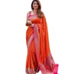 Kanjivaram Jacquard Pure Silk Saree Orange Rani